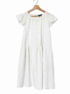 Banana Republic Linen Dress M Ivory Babydoll Mini Flutter Sleeve Summer